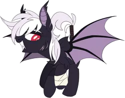 Size: 3460x2724 | Tagged: safe, artist:taaffeiite, derpibooru import, oc, oc:sylvia, unofficial characters only, bat pony, pony, vampire bat pony, bandage, bandaged hoof, bat pony oc, bat wings, commission, female, flying, long fangs, mare, red eyes, scar, scarred, sharp teeth, simple background, solo, spread wings, tail wrap, teeth, transparent background, white outline, wings