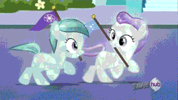 Size: 576x324 | Tagged: safe, derpibooru import, screencap, glass slipper, hope (crystal pony), rainbow dash, crystal pony, pony, games ponies play, animated, female, filly, flag, kidnapped, lifting, pennant
