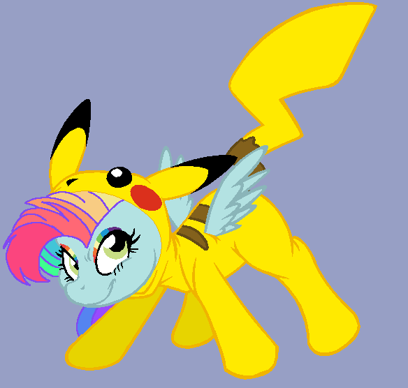 Size: 584x556 | Tagged: safe, artist:circuspaparazzi5678, derpibooru import, oc, oc:rainbow blitz, pegasus, pikachu, pony, base used, multicolored hair, pikachu costume, pokémon, rainbow hair, rainbow makeup, solo