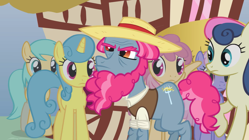 Size: 2000x1124 | Tagged: safe, derpibooru import, screencap, bon bon, dizzy twister, lemon hearts, orange swirl, rainbowshine, sunshower raindrops, sweetie drops, earth pony, pegasus, pony, too many pinkie pies, background pony, beard, clothes, facial hair, female, frown, hat, haymish, male, mare, solo focus, stallion, straw hat