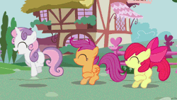 Size: 640x360 | Tagged: animated, derpibooru import, hearts and hooves day, hearts and hooves day (episode), hopping, safe, scootaloo, screencap, skipping, sweetie belle