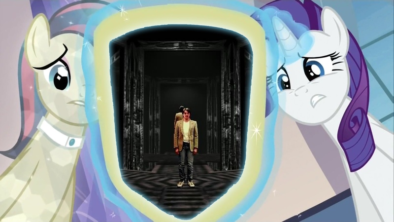 Size: 1422x800 | Tagged: bonna fide, cadance's mirror, darkseed, derpibooru import, exploitable meme, glamour gleam, meme, mike dawson, mirror, rarity, safe