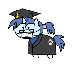 Size: 1000x1000 | Tagged: safe, artist:experimental_gd_inuk, derpibooru import, oc, oc:gem inukshuk, unofficial characters only, pony, unicorn, coronavirus, covid-19, face mask, female, glasses, graduation, graduation cap, hat, ponytail, simple background, solo, stick pony, stylistic suck, transparent background