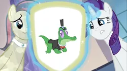 Size: 1422x800 | Tagged: safe, derpibooru import, bonna fide, glamour gleam, gummy, rarity, crystal pony, pony, bowtie, cadance's mirror, clothes, exploitable meme, hat, meme, mirror, top hat, tuxedo