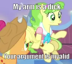 Size: 700x627 | Tagged: source needed, useless source url, suggestive, derpibooru import, applejack, chickadee, ms. peachbottom, games ponies play, cannot unsee, caption, chickadee's arm, freud was right, hoof that looks like a penis, image macro, meme, needs more jpeg, phallic symbol, text, your argument is invalid