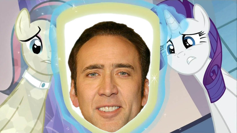 Size: 1067x600 | Tagged: bonna fide, cadance's mirror, derpibooru import, exploitable meme, faceoff, glamour gleam, meme, nicolas cage, rarity, safe