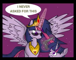 Size: 444x354 | Tagged: safe, derpibooru import, twilight sparkle, twilight sparkle (alicorn), alicorn, pony, beretta, crown, deus ex, female, gun, handgun, i never asked for this, jewelry, m9, magic, mare, night, pistol, regalia, weapon