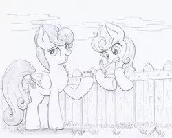 Size: 1024x823 | Tagged: safe, artist:xeviousgreenii, derpibooru import, carrot top, golden harvest, strawberry sunrise, earth pony, pegasus, pony, atg 2020, female, fence, grayscale, hammer, hoof hold, mare, monochrome, mouth hold, nails, newbie artist training grounds, pencil drawing, traditional art