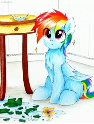 Size: 2322x3061 | Tagged: safe, artist:liaaqila, derpibooru import, rainbow dash, pegasus, pony, bad pony, behaving like a cat, broken vase, chest fluff, cute, dashabetes, feather, flower, flower pot, pure unfiltered evil, sitting, solo, traditional art