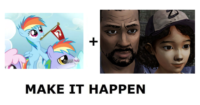 Size: 1000x528 | Tagged: clementine (walking dead), derpibooru import, exploitable meme, lee everett, make it happen, meme, rainbow blaze, rainbow dash, safe, the walking dead