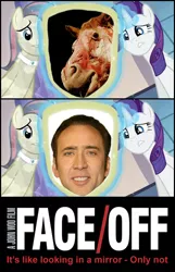 Size: 450x700 | Tagged: body worlds, bonna fide, cadance's mirror, crossover, derpibooru import, exploitable meme, faceoff, games ponies play, glamour gleam, meme, nicolas cage, parody, rarity, semi-grimdark