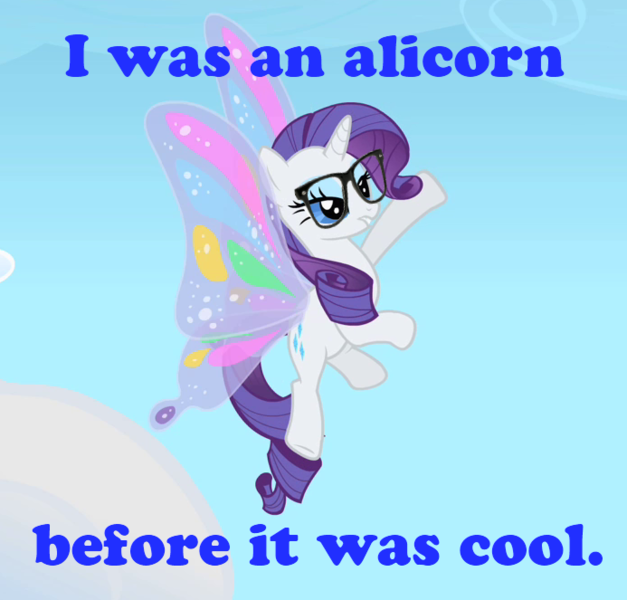 Size: 693x663 | Tagged: artificial wings, augmented, before it was cool, butt wings, caption, derpibooru import, glasses, glimmer wings, hipster, image macro, magic, magic wings, photoshop, rarity, safe, screencap, sonic rainboom (episode), text, wings