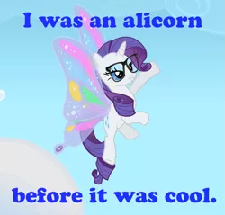 Size: 693x663 | Tagged: artificial wings, augmented, before it was cool, butt wings, caption, derpibooru import, glasses, glimmer wings, hipster, image macro, magic, magic wings, photoshop, rarity, safe, screencap, sonic rainboom (episode), text, wings