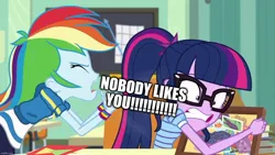 Size: 1280x720 | Tagged: safe, derpibooru import, edit, edited screencap, screencap, rainbow dash, sci-twi, twilight sparkle, equestria girls, equestria girls series, the last day of school, abuse, bully, bullying, caption, glasses, hate, image macro, mean, rainbow douche, scared, text, twilybuse, yelling