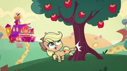 Size: 1920x1080 | Tagged: safe, derpibooru import, screencap, applejack, earth pony, pony, my little pony: pony life, :p, apple, applebucking, applejack mid tree-buck facing the left with 3 apples falling down, applejack mid tree-buck with 3 apples falling down, chibi, cowboy hat, falling, female, food, hat, looking up, mare, solo, sweet apple acres, tongue out, tree, unshorn fetlocks