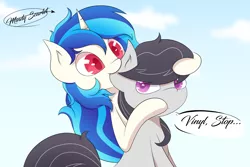 Size: 2250x1500 | Tagged: safe, artist:m. scarlet, derpibooru import, octavia melody, vinyl scratch, earth pony, pony, unicorn, biting, colored pupils, cute, ear bite, female, lesbian, mare, scratchtavia, shipping, wrong eye color