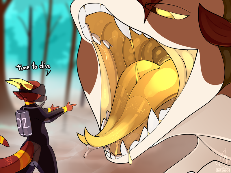 Size: 4000x3000 | Tagged: suggestive, artist:detpoot, derpibooru import, oc, oc:biepbot, oc:smidrak, unofficial characters only, dragon, kobold, drool, fangs, imminent vore, male, mawshot, open mouth, scuba gear, tongue out
