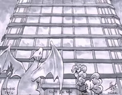 Size: 4576x3554 | Tagged: safe, artist:digiral, derpibooru import, pinkie pie, charizard, pony, building, monochrome, pokémon, traditional art