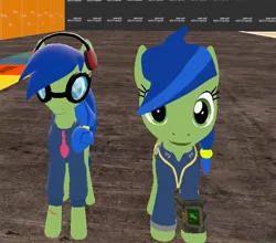 Size: 618x545 | Tagged: safe, artist:wiimeiser, derpibooru import, oc, oc:scotch tape, unofficial characters only, pony, fallout equestria, fallout equestria: project horizons, 3d, alternate design, clothes, comparison, cropped, fanfic art, female, filly, gmod, goggles, headphones, hoodie, necktie, older, ponytail, self ponidox, teenager, test