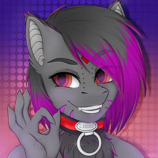 Size: 4050x4050 | Tagged: safe, artist:bellfa, derpibooru import, part of a set, oc, oc:lucid rose, unofficial characters only, anthro, bat pony, hybrid, pony, wolf, bat pony oc, bat wings, collar, commission, decoration, fangs, female, fluffy, hybrid pony, original art, piercing, ruby, smiling, smirk, solo, two toned eyes, two toned hair, wings, wool, ych result