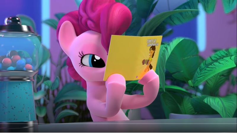 Size: 1231x694 | Tagged: accordion, book, candy, cheese sandwich, derpibooru import, food, gumball, gumball machine, hello pinkie pie, musical instrument, pinkie pie, plant, reading, safe, screencap