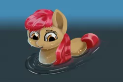 Size: 1920x1287 | Tagged: apple bloom, artist:meodaiduoi, derpibooru import, lake, safe, simple background, water, wave, wet, wet mane, worried smile, worry