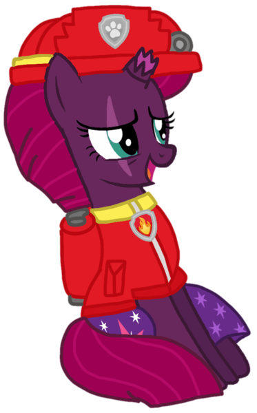 Size: 672x1080 | Tagged: safe, artist:徐詩珮, derpibooru import, fizzlepop berrytwist, tempest shadow, pony, unicorn, series:sprglitemplight diary, series:sprglitemplight life jacket days, series:springshadowdrops diary, series:springshadowdrops life jacket days, alternate universe, clothes, cute, marshall (paw patrol), paw patrol, simple background, transparent background