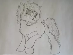 Size: 2016x1512 | Tagged: safe, artist:straighttothepointstudio, derpibooru import, oc, oc:materlia harvest, earth pony, pony, black and white, female, fluffy, freckles, grayscale, happy, long mane, long tail, looking at you, mare, monochrome, satisfied, solo