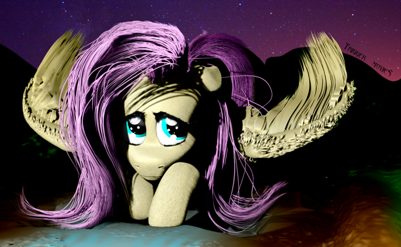 Size: 1984x1224 | Tagged: 3d, artist:trigger_movies, cute, derpibooru import, fluffy, fluttershy, night, realistic hair, safe, solo, zbrush