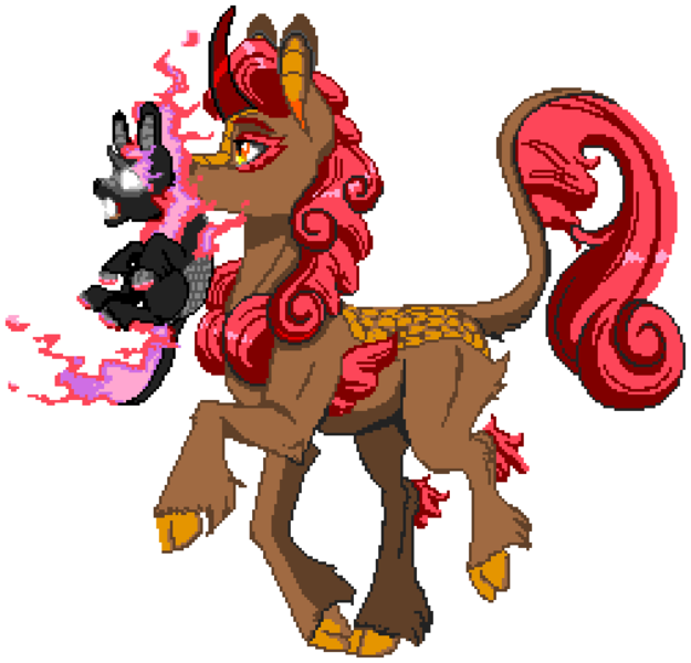 Size: 1008x968 | Tagged: artist:epicvon, artist:inuhoshi-to-darkpen, baby, baby kirin, baby nirik, cloven hooves, derpibooru import, foal, kirin, mane of fire, manepxls, maple brown, mouth hold, nirik, open mouth, pixel art, pxls.space, safe, scruff, simple background, transparent background, trotting, unshorn fetlocks