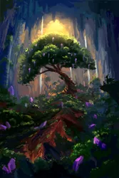 Size: 720x1080 | Tagged: safe, artist:plainoasis, derpibooru import, spike, twilight sparkle, twilight sparkle (alicorn), alicorn, dragon, pony, cavern, duo, older, older spike, scenery, scenery porn, silhouette, tree