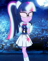 Size: 2000x2500 | Tagged: safe, artist:aryatheeditor, derpibooru import, sci-twi, twilight sparkle, equestria girls, belt, bowtie, cutie mark, eyes closed, geode of telekinesis, glasses, glow, glowing horn, horn, jewelry, magical geodes, moon, night, outfit, pendant, photo, ponied up, pony ears, powerful sparkle, relaxing, solo, wings