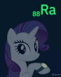 Size: 4000x5000 | Tagged: safe, artist:parclytaxel, derpibooru import, rarity, pony, unicorn, series:joycall6's periodic table, .svg available, absurd resolution, chemistry, dark, female, frown, glow, glow-in-the-dark, looking back, mare, periodic table, purple background, radium, raised hoof, simple background, solo, this will end in cancer, vector, watch