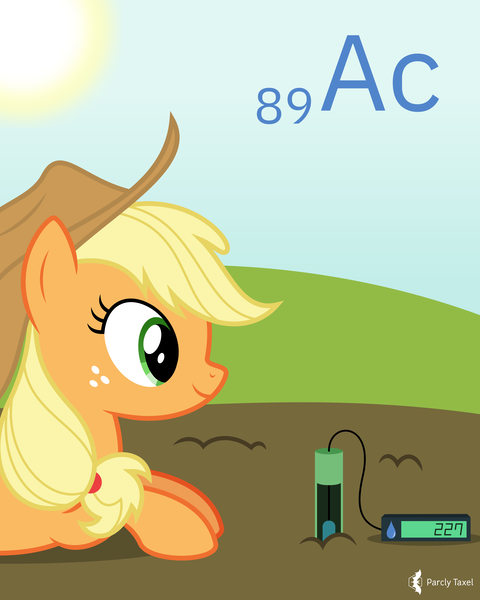 Size: 4000x5000 | Tagged: safe, artist:parclytaxel, derpibooru import, applejack, earth pony, pony, series:joycall6's periodic table, .svg available, absurd resolution, actinium, chemistry, female, mare, neutron probe, periodic table, prone, smiling, soil, solo, sun, vector
