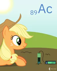 Size: 4000x5000 | Tagged: safe, artist:parclytaxel, derpibooru import, applejack, earth pony, pony, series:joycall6's periodic table, .svg available, absurd resolution, actinium, chemistry, female, mare, neutron probe, periodic table, prone, smiling, soil, solo, sun, vector