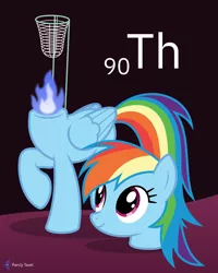 Size: 4000x5000 | Tagged: safe, artist:parclytaxel, derpibooru import, rainbow dash, dullahan, pegasus, pony, series:joycall6's periodic table, .svg available, absurd resolution, chemistry, disembodied head, female, fire, gas mantle, headless, looking up, mare, modular, not salmon, periodic table, raised hoof, smiling, solo, thorium, vector, wat