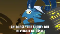 Size: 2000x1125 | Tagged: betrayal, caption, curse your sudden but inevitable betrayal, derpibooru import, edit, edited screencap, evil lair, eyebrows, fangs, firefly (series), grogar, grogar's lair, horns, image macro, impact font, implied chrysalis, implied cozy glow, implied tirek, lair, magic, magic drain, male, meme, mucus, open mouth, ram, reference, safe, screencap, shadow, sheep, sticky, text, the ending of the end, trapped, water