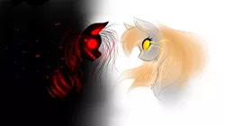 Size: 2000x1120 | Tagged: semi-grimdark, artist:nederside, derpibooru import, oc, oc:mitta, oc:ruby, unofficial characters only, pony, undead, story of the blanks, glowing eyes, gradient background