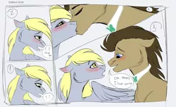 Size: 4000x2454 | Tagged: safe, artist:failure, derpibooru import, derpy hooves, doctor whooves, time turner, earth pony, pegasus, pony, blushing, bowtie, comic, commission, cute, derpabetes, doctorderpy, eyes closed, female, french kiss, kissing, male, mare, romantic, shipping, speech bubble, stallion, straight, wholesome, ych result