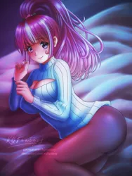 Size: 677x900 | Tagged: alternate version, artist:kgfantasy, bed, breasts, clothes, commission, derpibooru import, female, freckles, hairclip, human, humanized, keyhole turtleneck, panties, ponytail, socks, solo, solo female, sour seat, sour sweet, stockings, suggestive, sweater, t, thigh highs, turtleneck, underwear