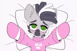 Size: 1920x1280 | Tagged: artist:etoz, asking for a hug, bed, blushing, clothes, derpibooru import, femboy, green eyes, hug, looking at you, male, oc, oc:zebra north, on back, outstretched arms, pillow, pink sweater, safe, socks, stallion, striped socks, sweater, unofficial characters only, zebra, zebra oc