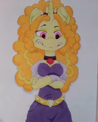 Size: 1080x1350 | Tagged: safe, artist:c_owokie, derpibooru import, adagio dazzle, ponified, anthro, pony, unicorn, clothes, crossed arms, equestria girls ponified, female, headband, horn, jewelry, necklace, sharp teeth, solo, species swap, teeth, traditional art