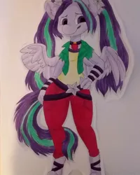 Size: 1080x1350 | Tagged: safe, artist:c_owokie, derpibooru import, aria blaze, ponified, anthro, pegasus, pony, unguligrade anthro, bracelet, clothes, equestria girls ponified, female, hand on hip, jewelry, necklace, solo, species swap, traditional art, wings