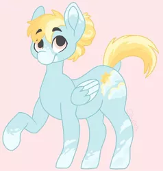 Size: 800x839 | Tagged: safe, artist:c_owokie, derpibooru import, oc, unofficial characters only, pegasus, pony, pegasus oc, pink background, raised hoof, simple background, smiling, socks (coat marking), solo, wings