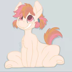 Size: 800x800 | Tagged: safe, artist:c_owokie, derpibooru import, oc, unofficial characters only, earth pony, pony, earth pony oc, eyebrows visible through hair, grin, looking up, simple background, sitting, smiling, solo, underhoof