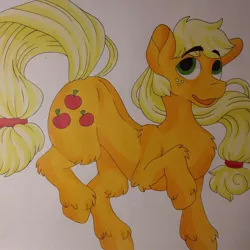 Size: 1080x1080 | Tagged: safe, artist:c_owokie, derpibooru import, applejack, earth pony, pony, chest fluff, eyebrows visible through hair, female, fluffy, mare, open mouth, raised hoof, solo, traditional art, unshorn fetlocks