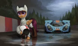 Size: 1600x943 | Tagged: safe, artist:asimos, derpibooru import, scootaloo, pegasus, pony, car, clothes, female, helmet, mare, older, older scootaloo, porsche, porsche 917, race car, race track, solo, uniform