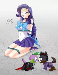 Size: 1280x1658 | Tagged: safe, artist:shinta-girl, derpibooru import, rarity, spike, dog, human, equestria girls, arm behind back, bondage, breasts, busty rarity, clothes, cosplay, costume, gritted teeth, group, human coloration, kneeling, sailor moon, sailor scout, spike the dog, tuxedo mask