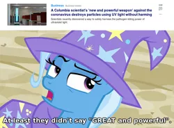 Size: 980x723 | Tagged: safe, derpibooru import, edit, edited screencap, screencap, trixie, to where and back again, cape, clothes, coronavirus, eyeroll, great and powerful, hat, text, trixie's cape, trixie's hat