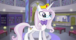 Size: 1280x667 | Tagged: safe, artist:boneswolbach, artist:disneymarvel96, artist:larsurus, derpibooru import, edit, vector edit, fleur-de-lis, unicorn, bowtie, canterlot, crown, ear piercing, earring, female, glasses, jewelry, library, piercing, regalia, solo, tiara, vector